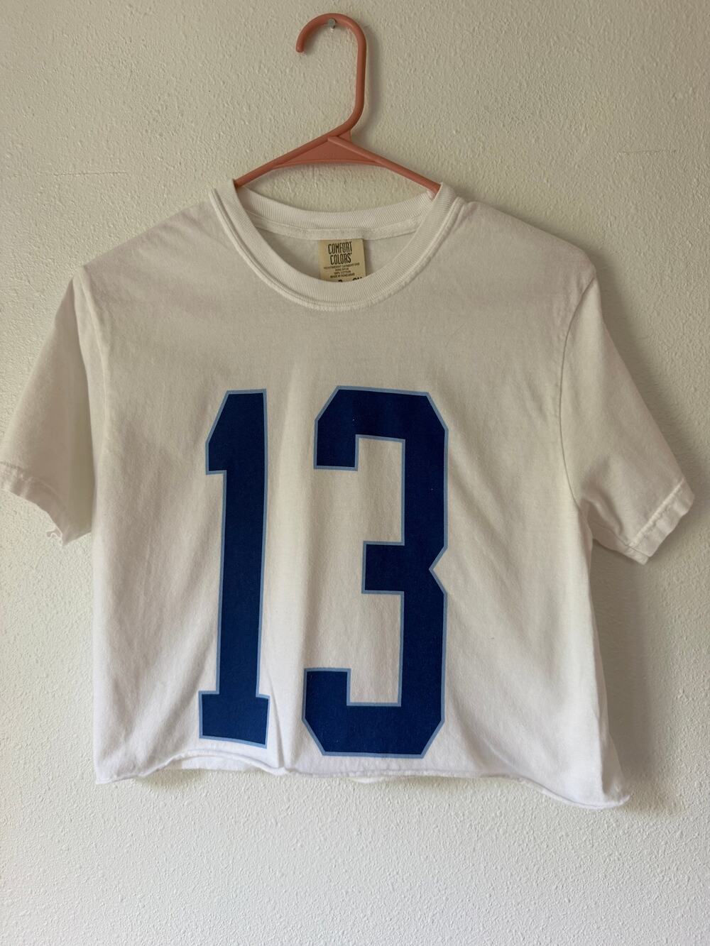 White Blue Crew Neck Graphic Print Kansas City #13 Graphic Print Cropped Tee S